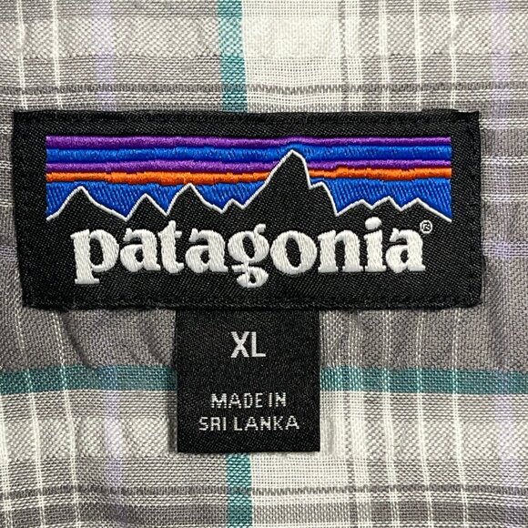Patagonia Plaid Seersucker Short‎ Sleeve Button Mens XL Shirt Gray White Teal - Picture 5 of 6